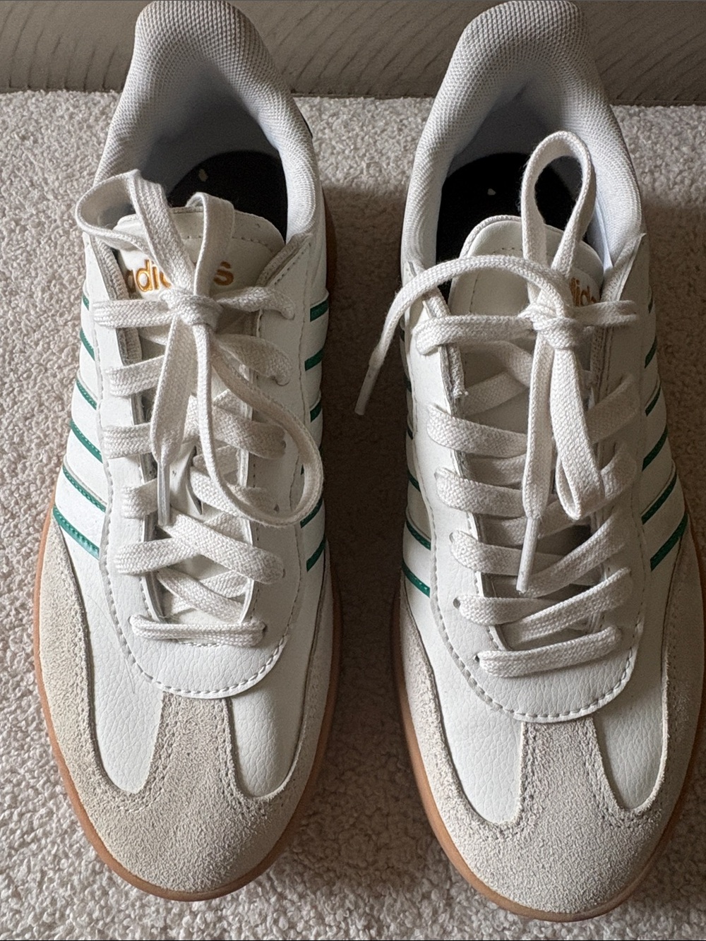 adidas White Sneakers with Green Stripes and Gum Sole